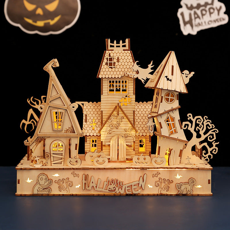 Halloween LED-es világító házikó – fa 3D puzzle makett DIY készlet