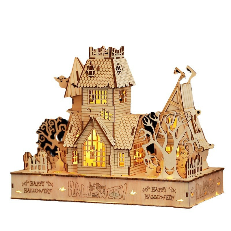 Halloween LED-es világító házikó – fa 3D puzzle makett DIY készlet