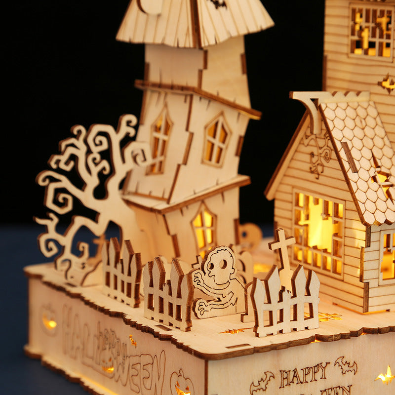 Halloween LED-es világító házikó – fa 3D puzzle makett DIY készlet