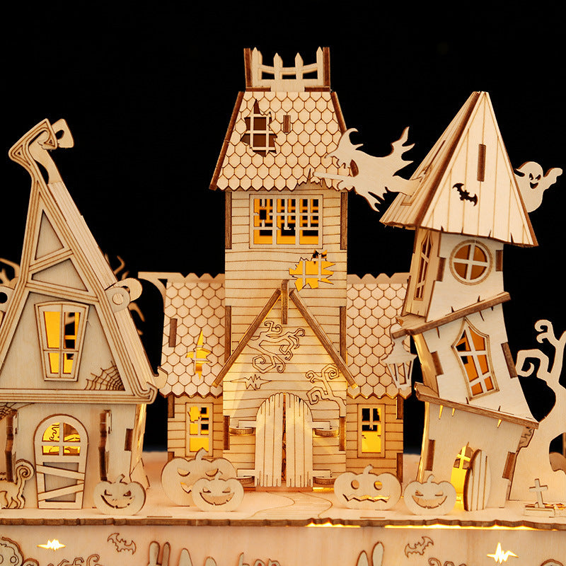 Halloween LED-es világító házikó – fa 3D puzzle makett DIY készlet