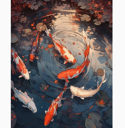 Számfestés – Élénk koi halas tájkép festőkészlet (40×50 cm, keret nélkül)