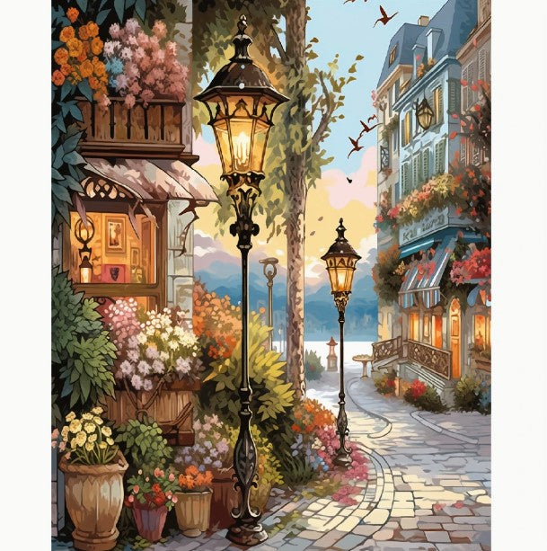 Számozott festés – Utcaszínházi tájkép akril festőkészlet | 40×50 cm vászon, keret nélkül