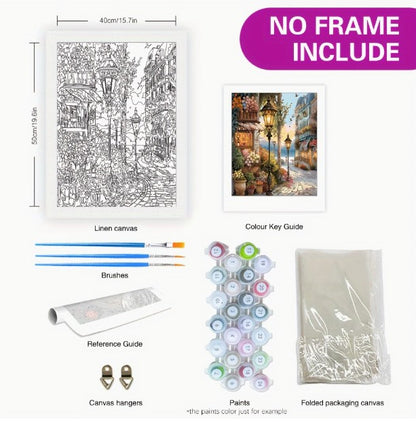 Számozott festés – Utcaszínházi tájkép akril festőkészlet | 40×50 cm vászon, keret nélkül