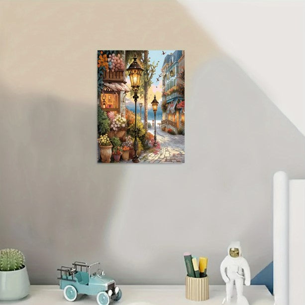 Számozott festés – Utcaszínházi tájkép akril festőkészlet | 40×50 cm vászon, keret nélkül