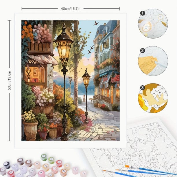 Számozott festés – Utcaszínházi tájkép akril festőkészlet | 40×50 cm vászon, keret nélkül