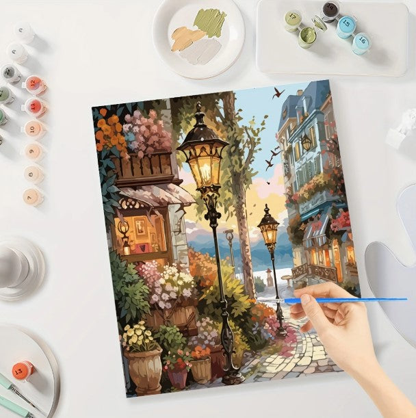 Számozott festés – Utcaszínházi tájkép akril festőkészlet | 40×50 cm vászon, keret nélkül