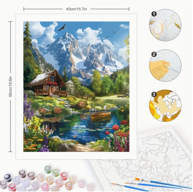 Számfestés felnőtteknek – DIY - Lankás hegyvidéki táj és kunyhó akrilfestő készlet (40×50 cm, keret nélkül)