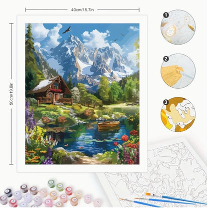 Számfestés felnőtteknek – DIY - Lankás hegyvidéki táj és kunyhó akrilfestő készlet (40×50 cm, keret nélkül)