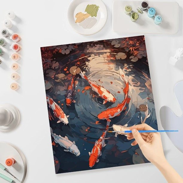 Számfestés – Élénk koi halas tájkép festőkészlet (40×50 cm, keret nélkül)