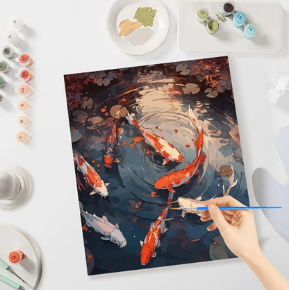 Számfestés – Élénk koi halas tájkép festőkészlet (40×50 cm, keret nélkül)
