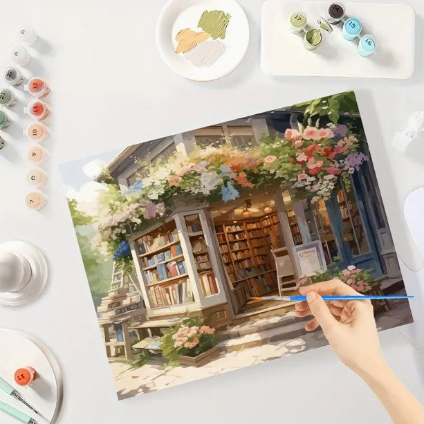 Számozott festés – Könyvesbolt tájkép festőkészlet felnőtteknek (40×50 cm, keret nélkül)